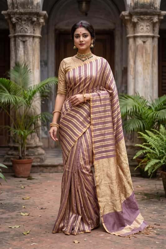 Gold & Brown Zari Stripe Munga Borderless Saree, With Unstiched Blouse