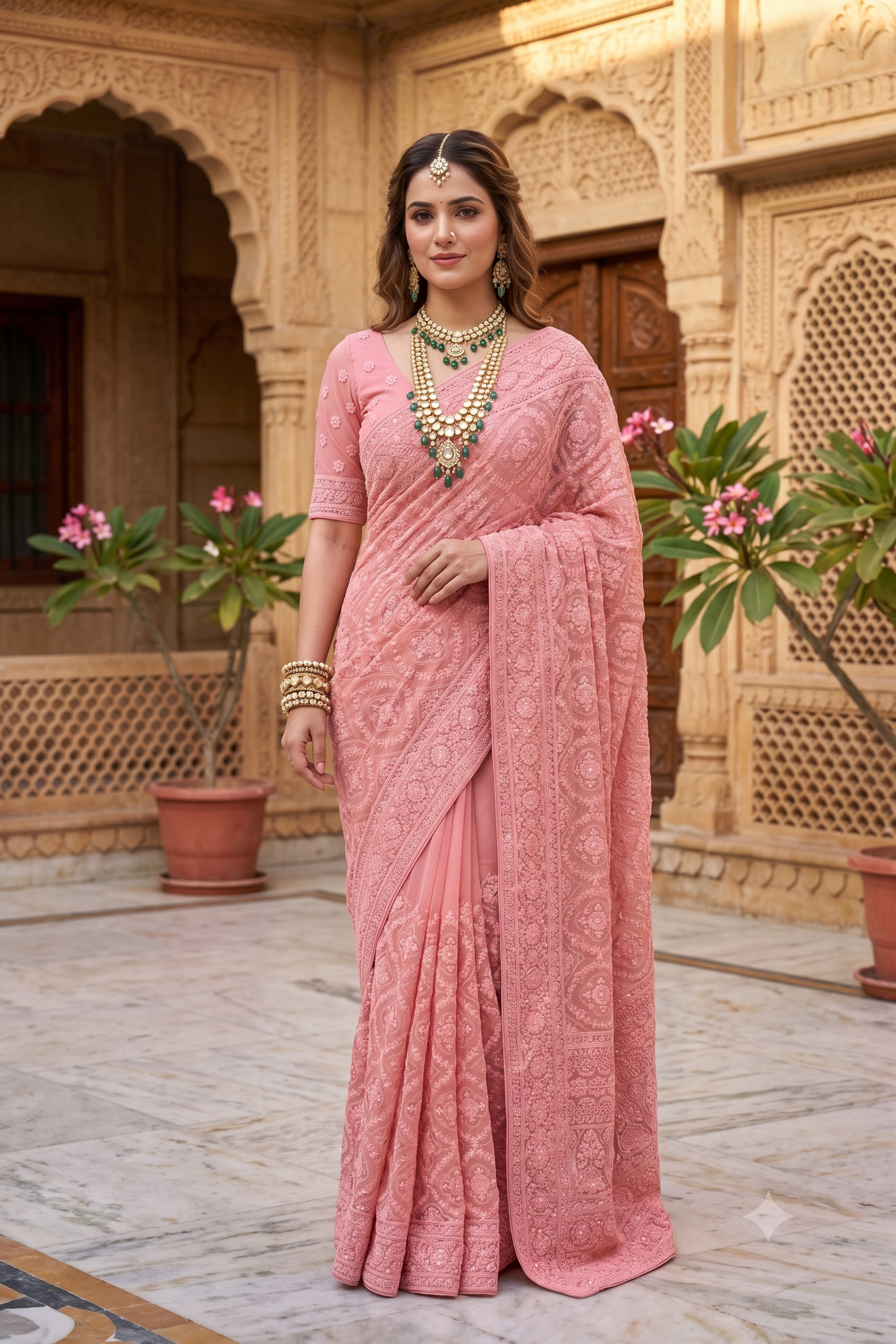 Pink Georgette Chikankari Saree, With Unstiched Blouse