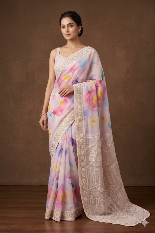 Light Pink Printed Georgette Saree With Resham Embroidery Work, With Unstiched Blouse