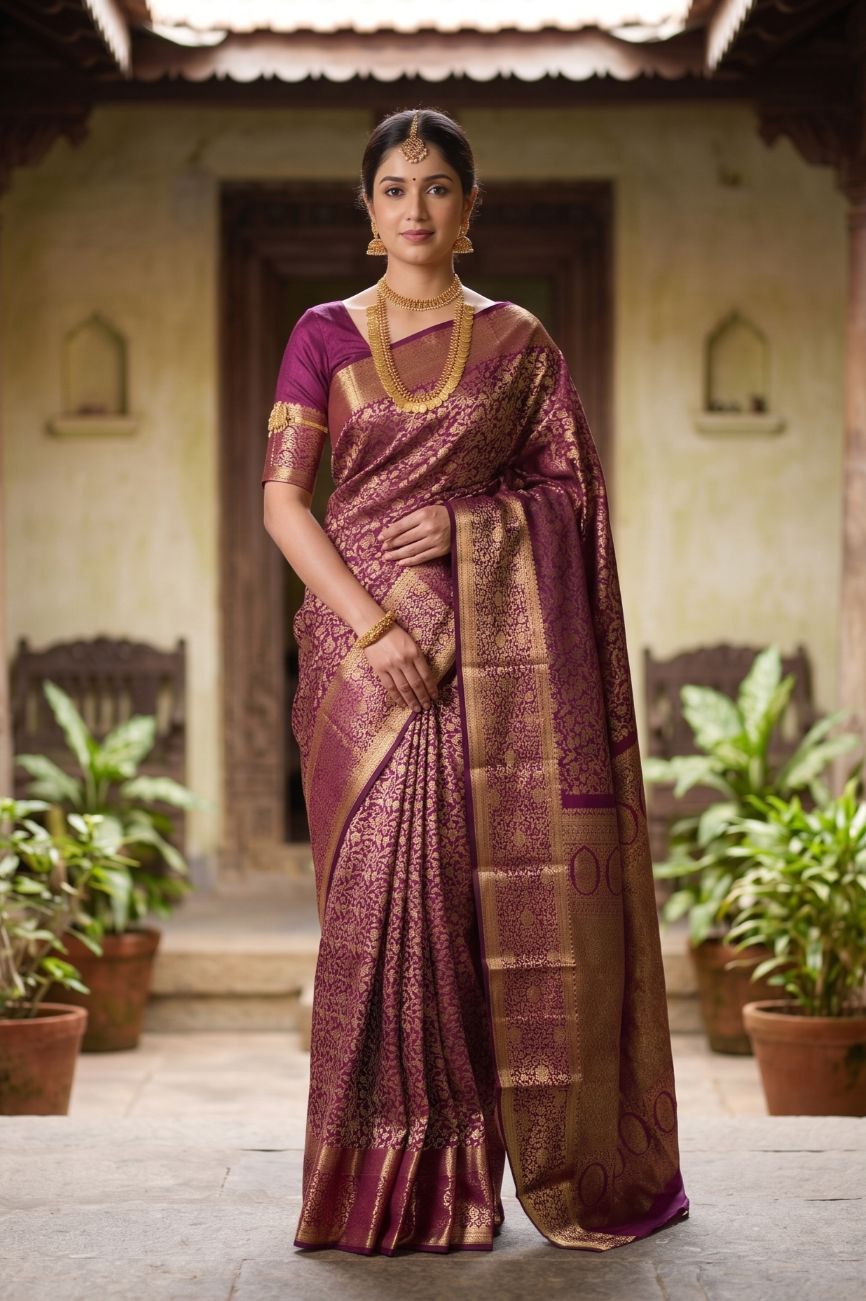 Purple Pure Kanjeevaram Silk Saree, With Unstiched Blouse