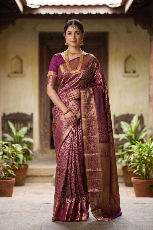Purple Pure Kanjeevaram Silk Saree, With Unstiched Blouse
