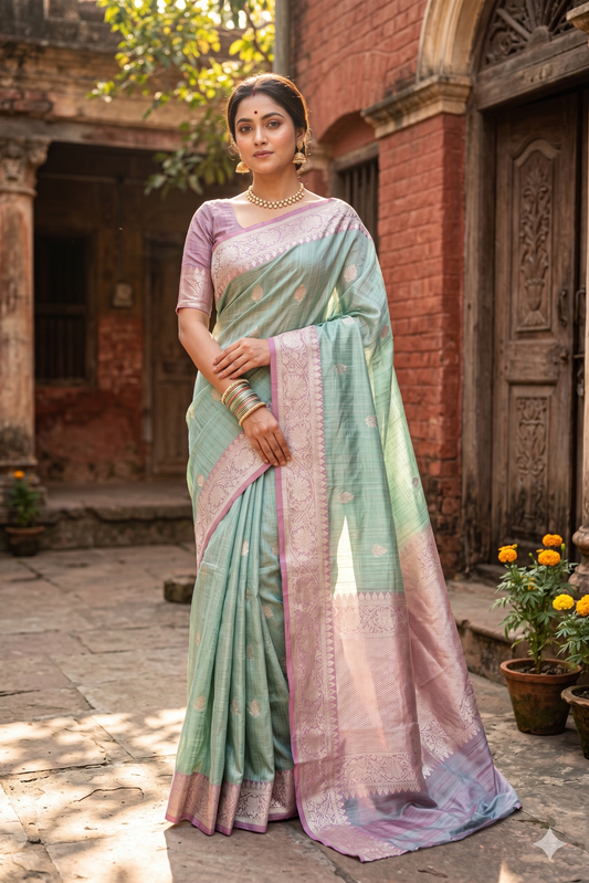 Firozi Munga Banarasi Silk Saree, With Unstiched Blouse