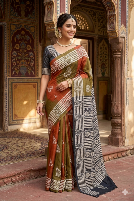 Olive green and burnt orange Tussar embroidery saree with Kantha work border and unstitched blouse, traditional wear by Saarang Sarees.