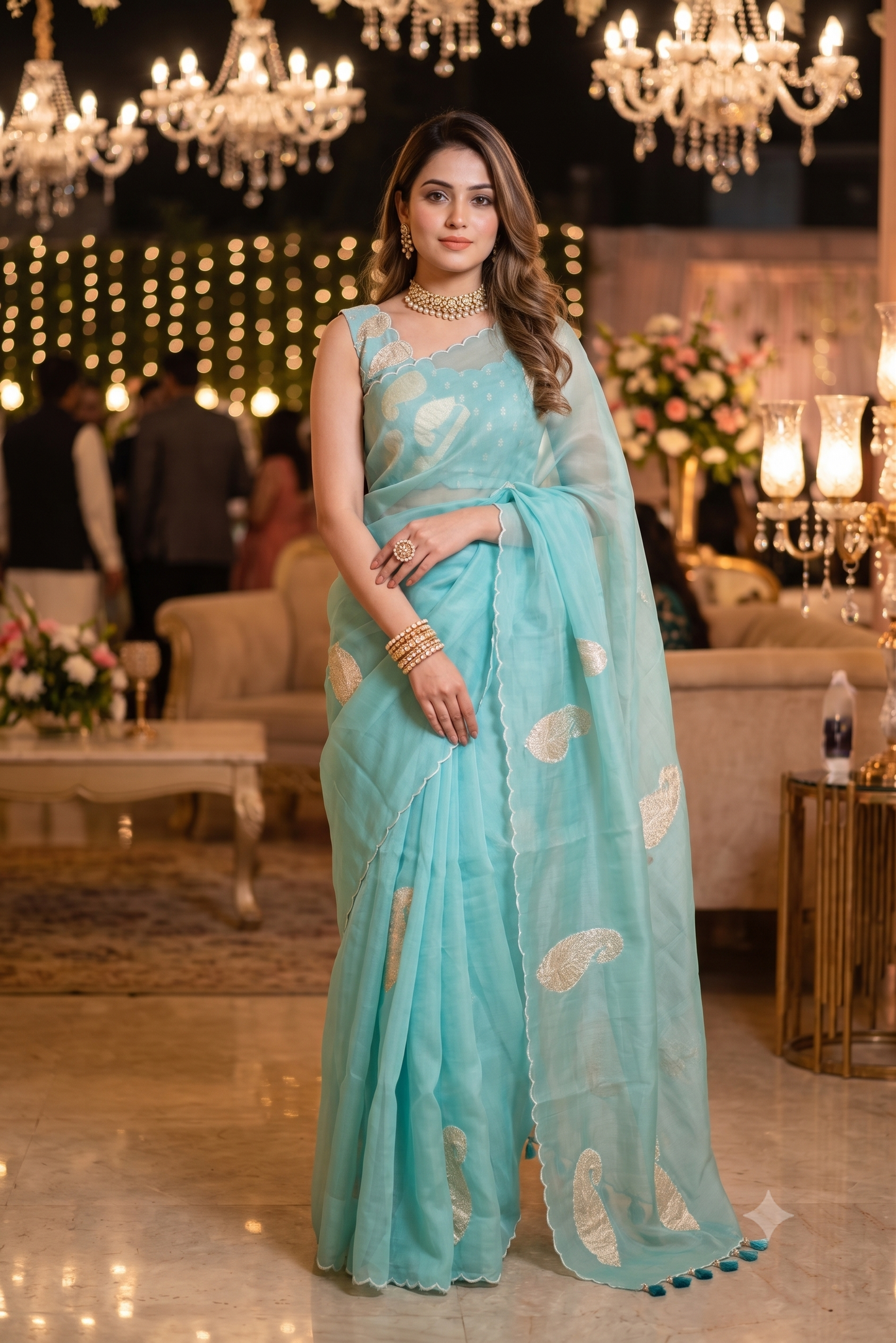 Sky Organza Saree With Appliqué Work, With Two Unstitched Blouse