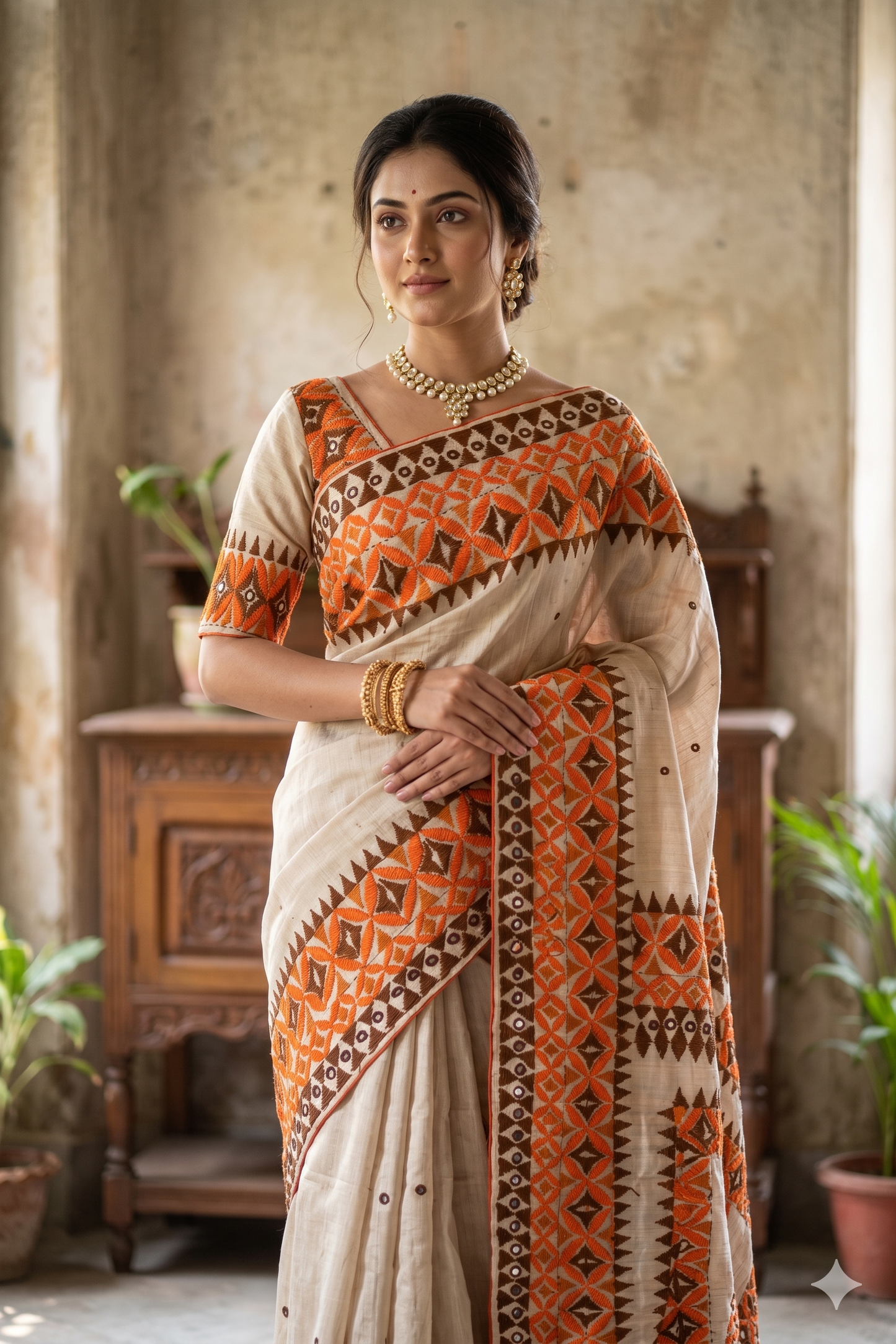 Off-White Tussar Embroidery Saree With Kathiawari Work Border, With Unstitched Blouse