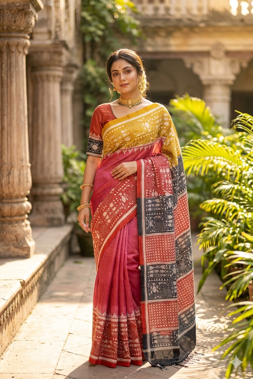 Rani Tussar Embroidery Saree With Kantha Work Border, With Unstitched Blouse