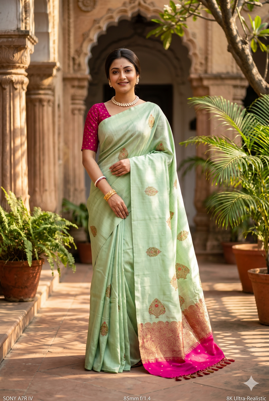 Pista green Munga Banarasi silk saree with intricate gold zari work and matching unstiched blouse, traditional Indian wear by Saarang Sarees.