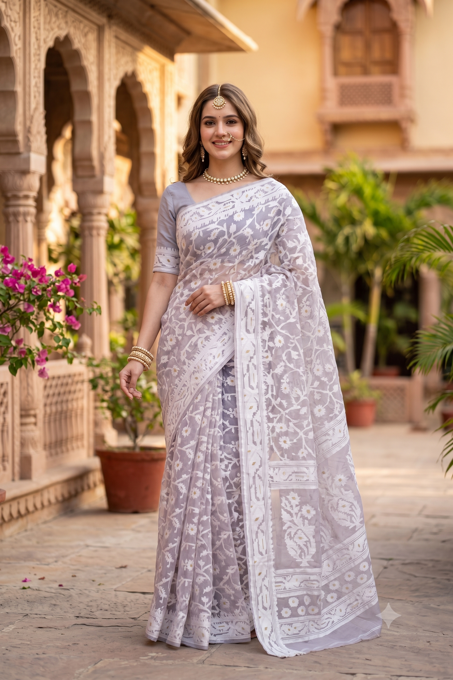 Lavender Muslin Jamdani Saree, With Unstiched Blouse