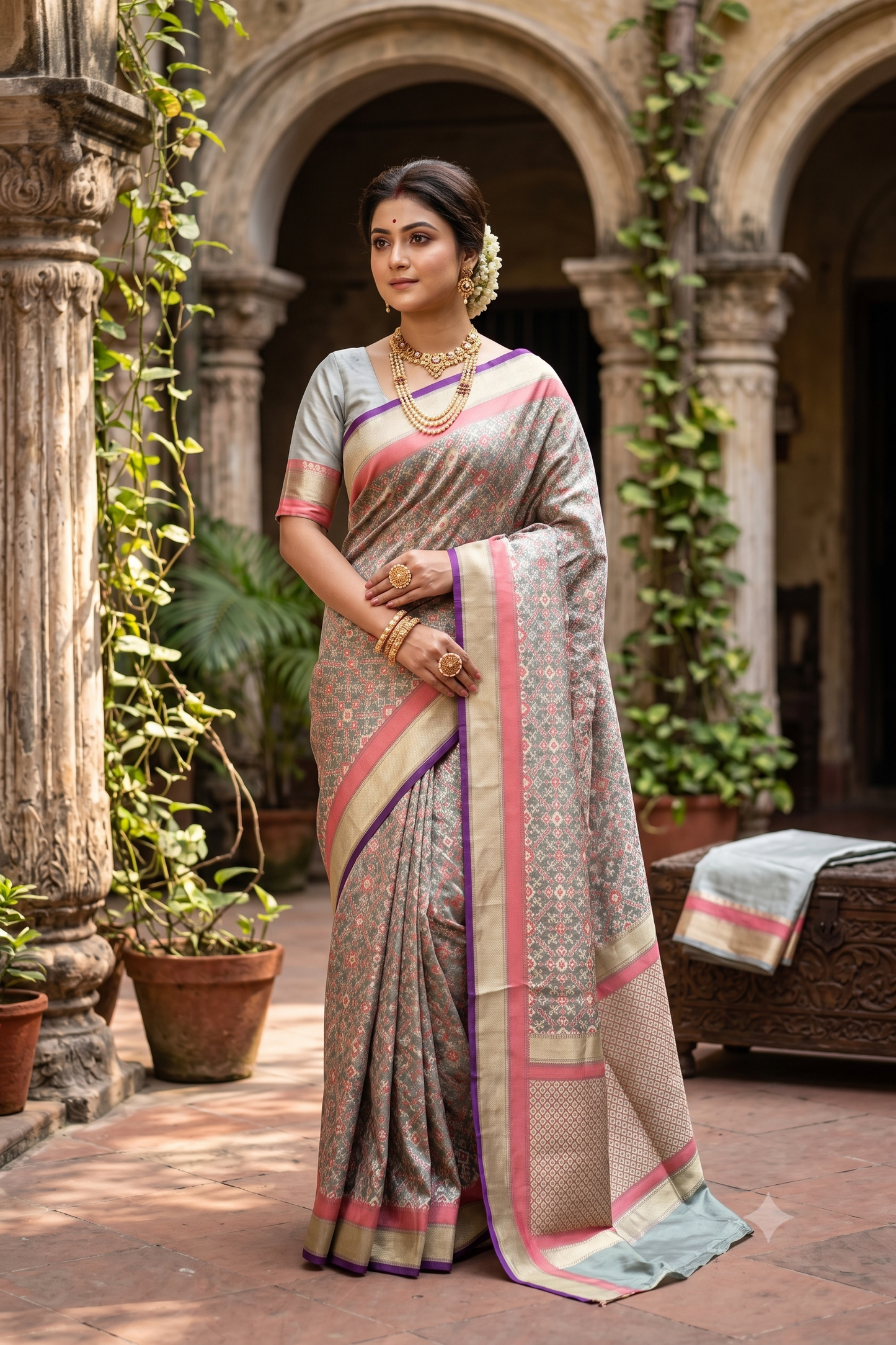 Greyish Blue & Multi Banarasi Silk Saree With Patola Concept, With Unstiched Blouse