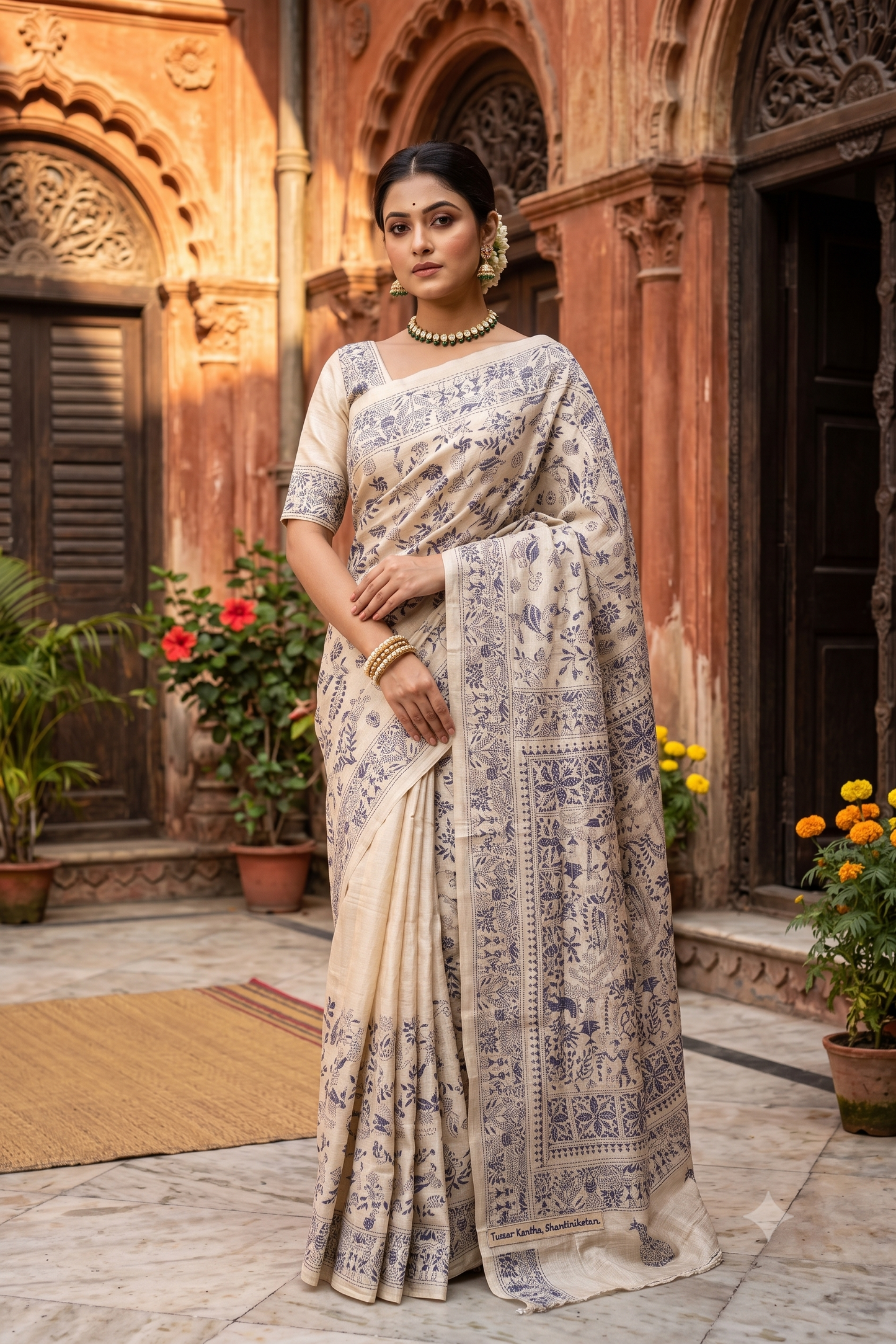 Off-White Tussar Embroidery Saree With Kantha Work Border, With Unstitched Blouse