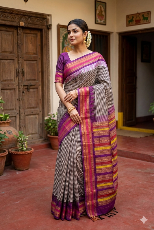 Black & White Checks Sico Gadwal Sarees, With Unstiched Blouse