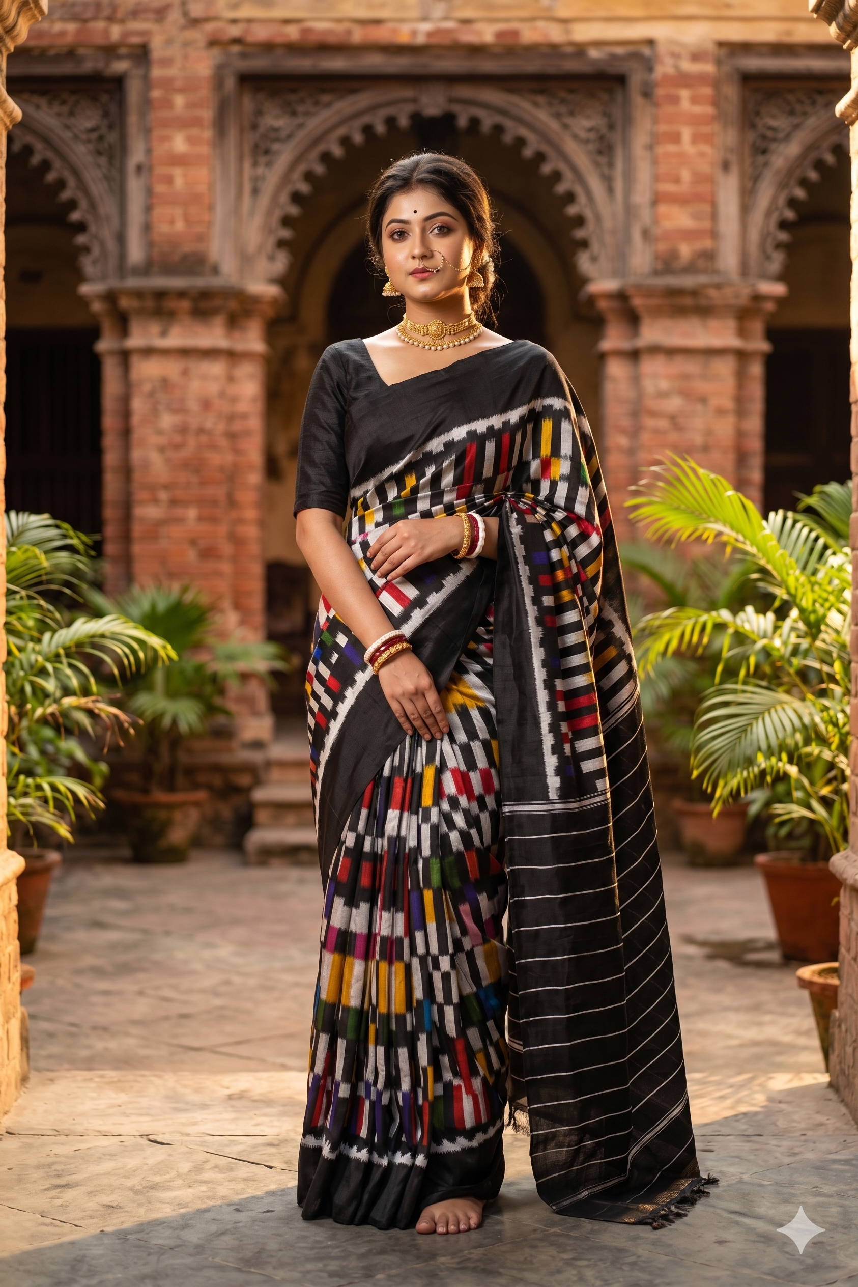 Black and multi-colored Pochampally Ikat silk saree from Saarang Sarees with an unstiched blouse, traditional Indian wear.