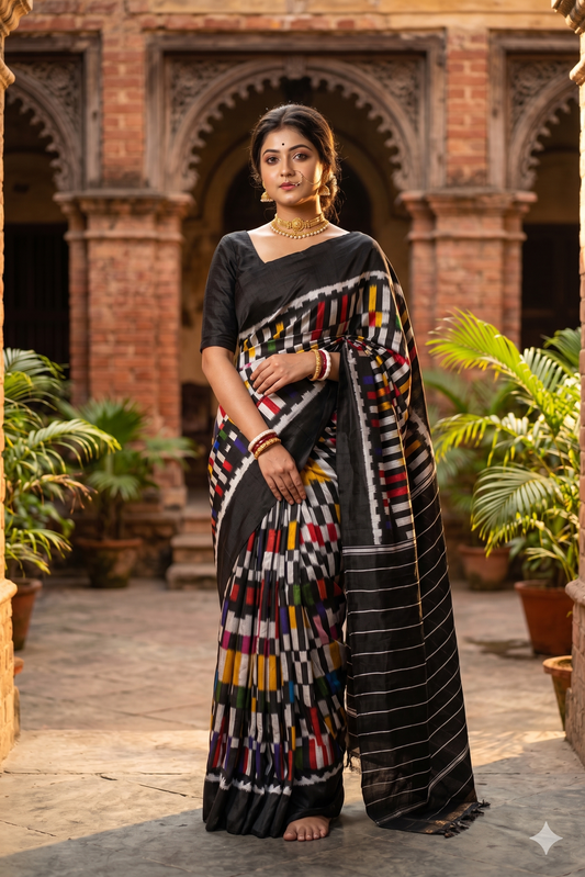 Black and multi-colored Pochampally Ikat silk saree from Saarang Sarees with an unstiched blouse, traditional Indian wear.