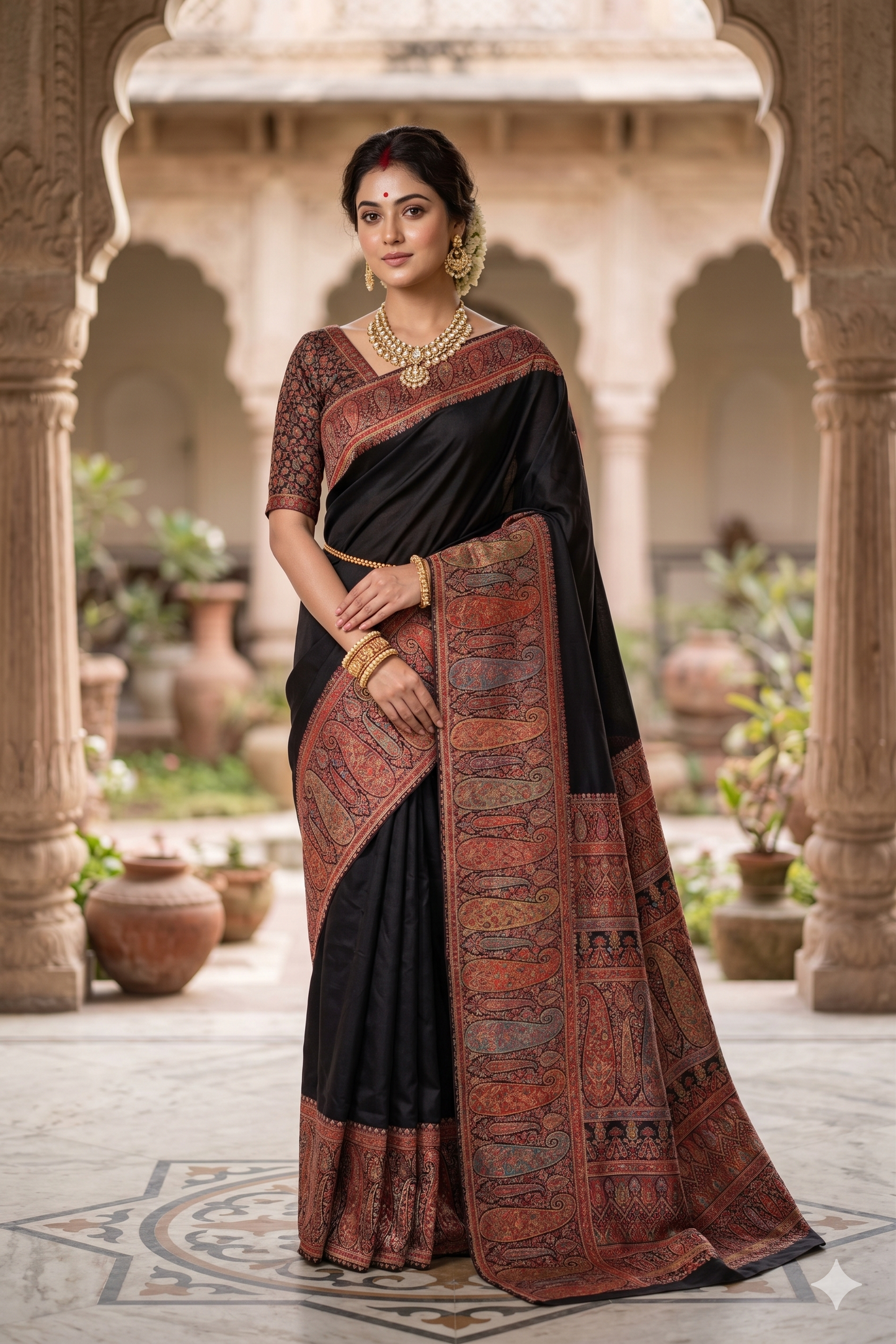 Black Pure Kani Handloom Silk Saree With Floral Woven Blouse