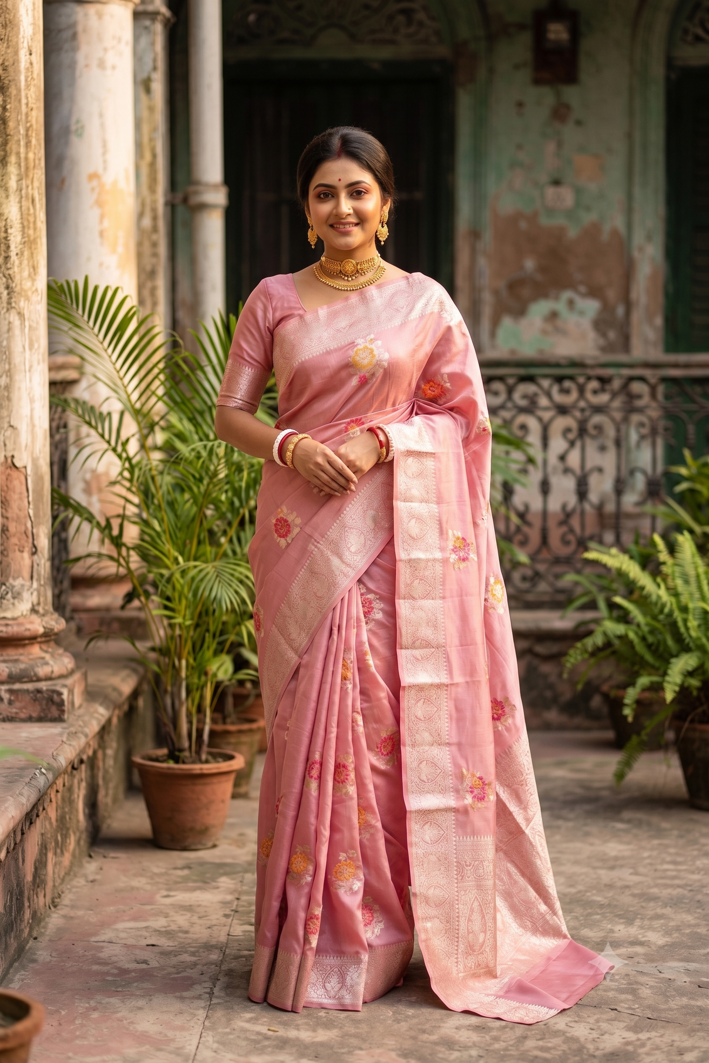 Pink Chiniya Silk Saree Hand Woven Butas, With Unstiched Blouse