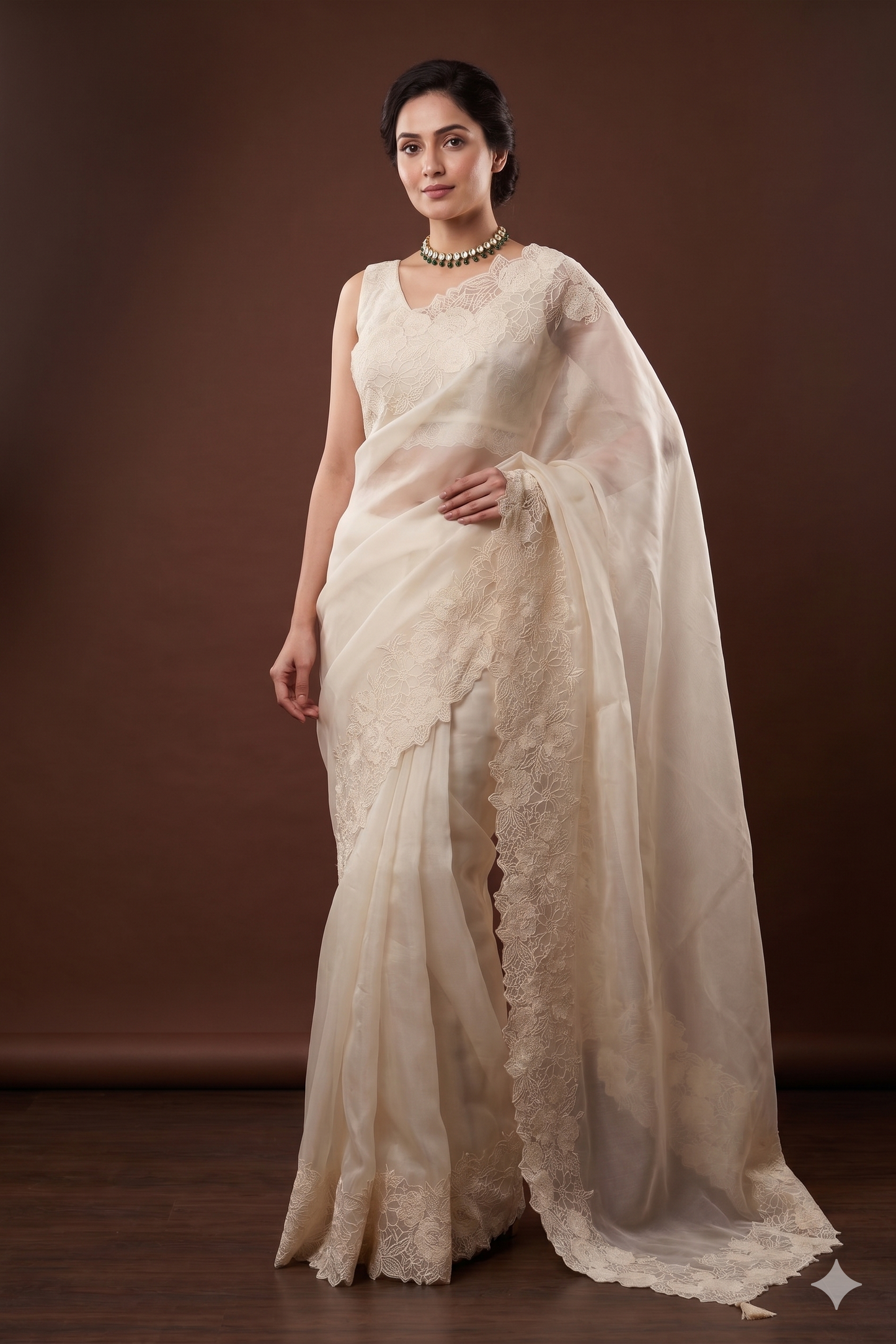 Off-White organza silk saree with resham embroidery for party wear, paired with an unstitched blouse from Saarang Sarees.