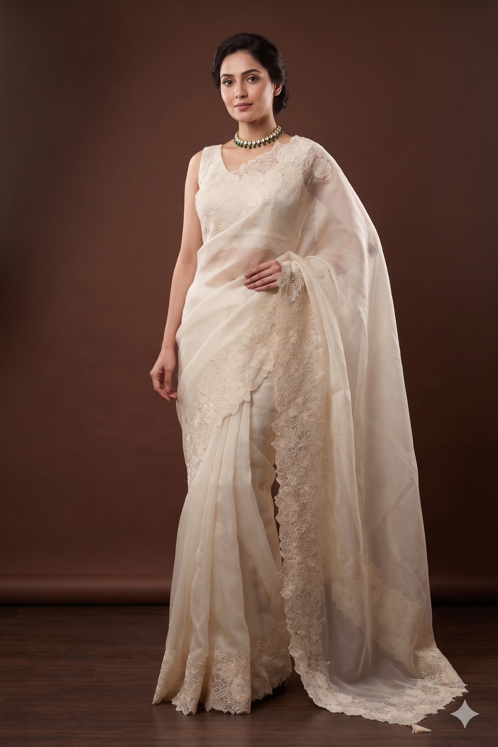 Off-White organza silk saree with resham embroidery for party wear, paired with an unstitched blouse from Saarang Sarees.