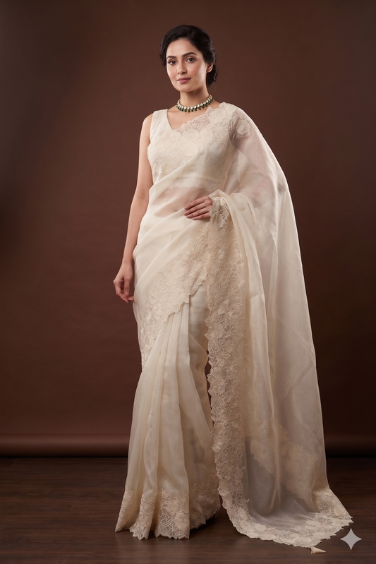 Off-White organza silk saree with resham embroidery for party wear, paired with an unstitched blouse from Saarang Sarees.