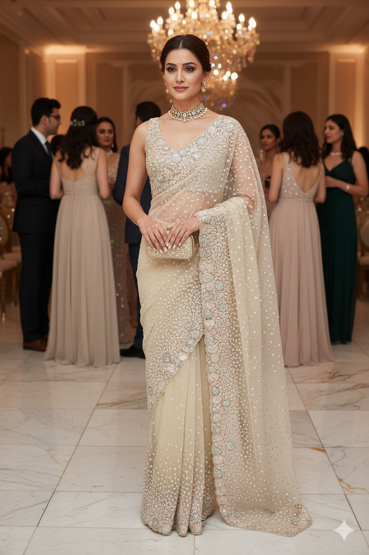 Offwhite Gold Organza Silk Saree With Sequence Work, With Unstiched Blouse