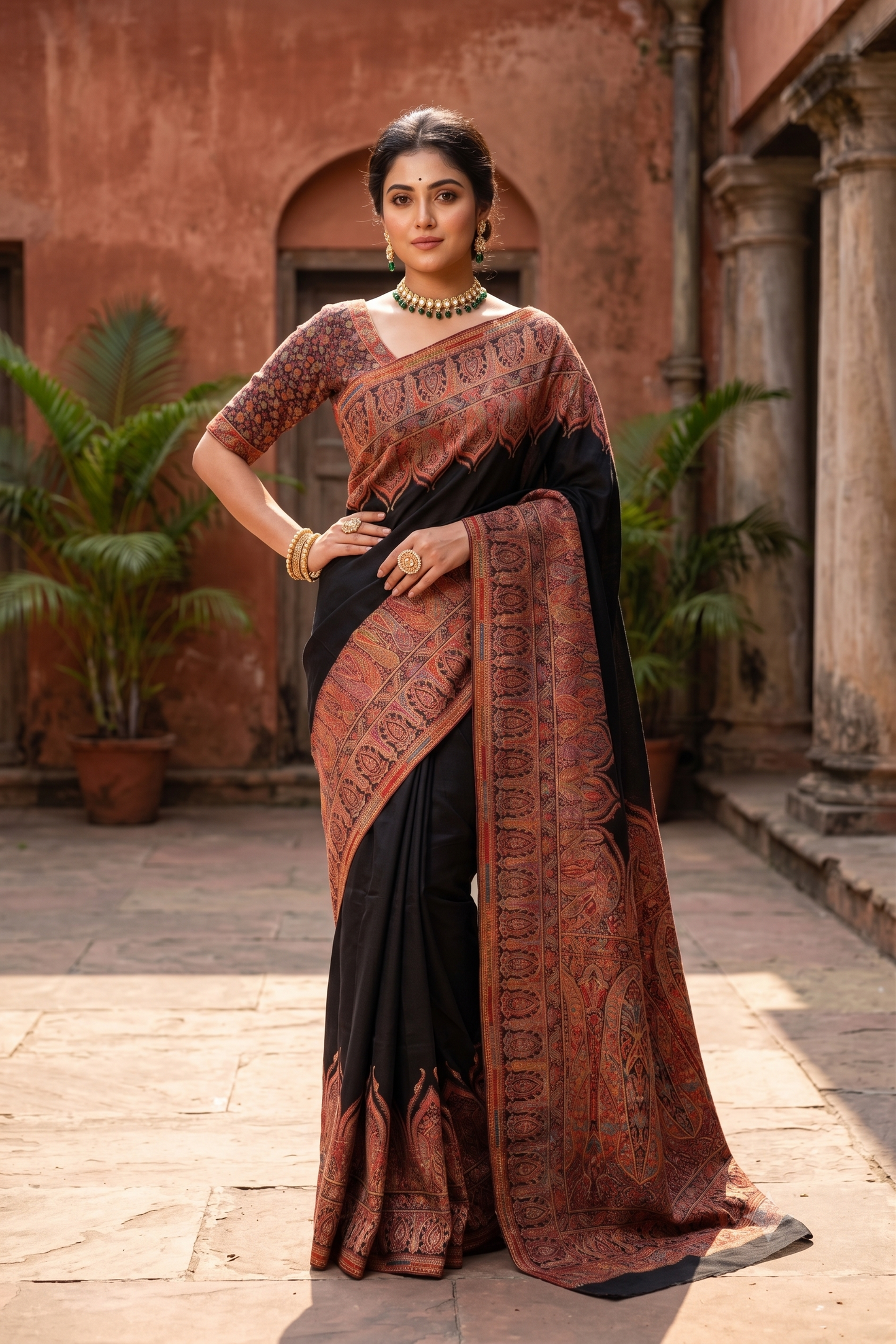 Black Pure Kani Handloom Silk Saree With Unstiched Jamewar Woven Blouse