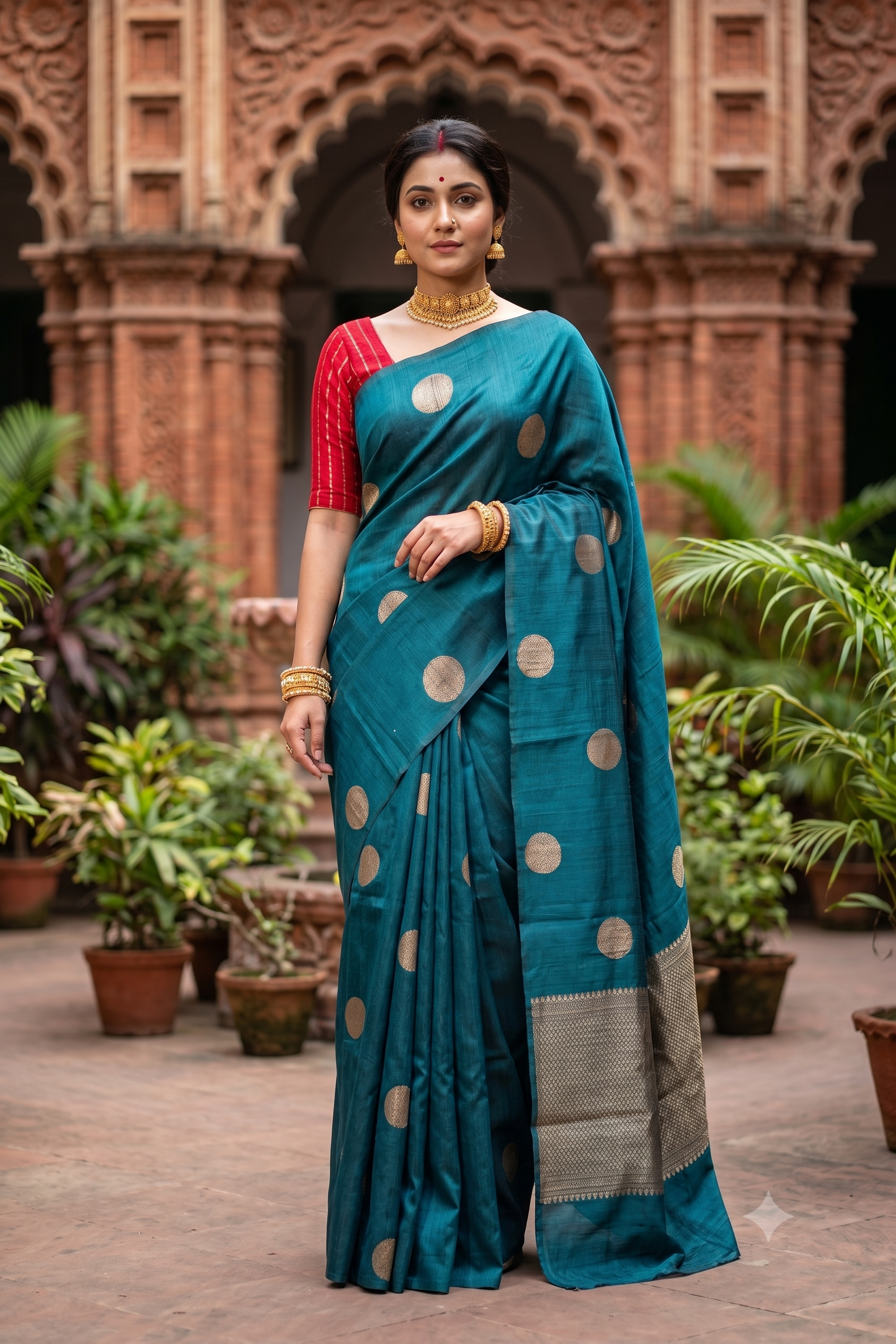 Teal Blue Pure Raw Tussar Banarasi Silk Saree, Hand Woven Motifs With Unstiched Blouse