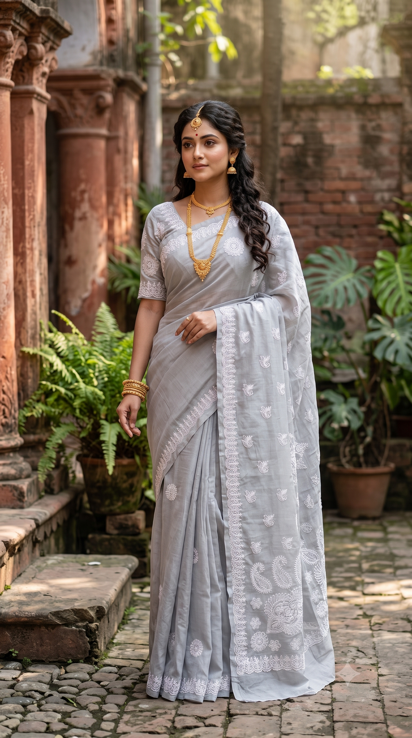 Grey Cotton Saree With Chikankari Embroidery, Unstitched Blouse