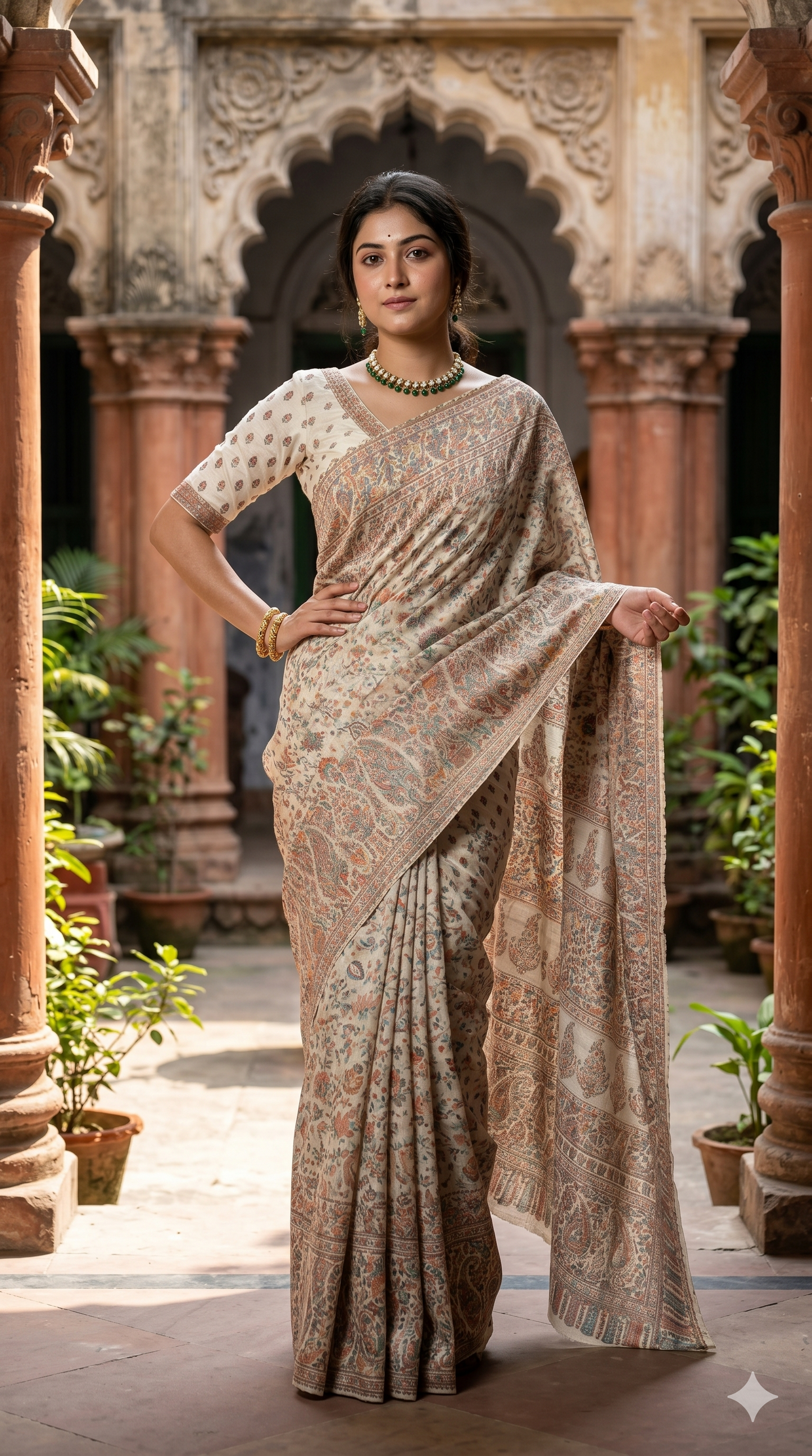 Off-White Pure Kani Handloom Silk Saree With Floral Woven Blouse