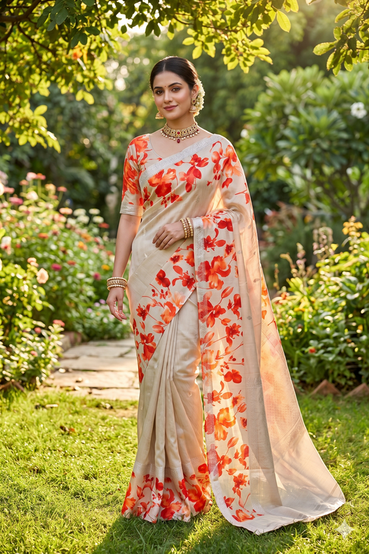 Beige Tussar Banarasi saree with digital Mashru border, traditional wear by Saarang Sarees, showcasing intricate weaving and elegant design.