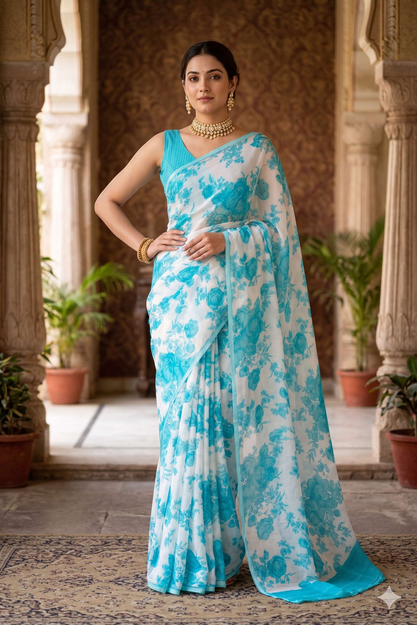 Off-White Sky Floral Printed Chiffon Saree, With Unstiched Blouse Piece