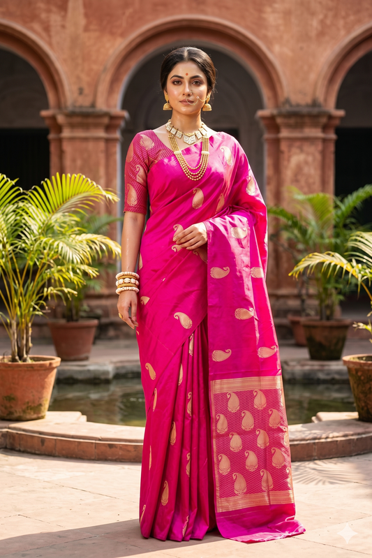 Rani Pink Katan Mashru Silk Banarasi handloom saree with intricate gold zari work and matching unstiched blouse from Saarang Sarees.