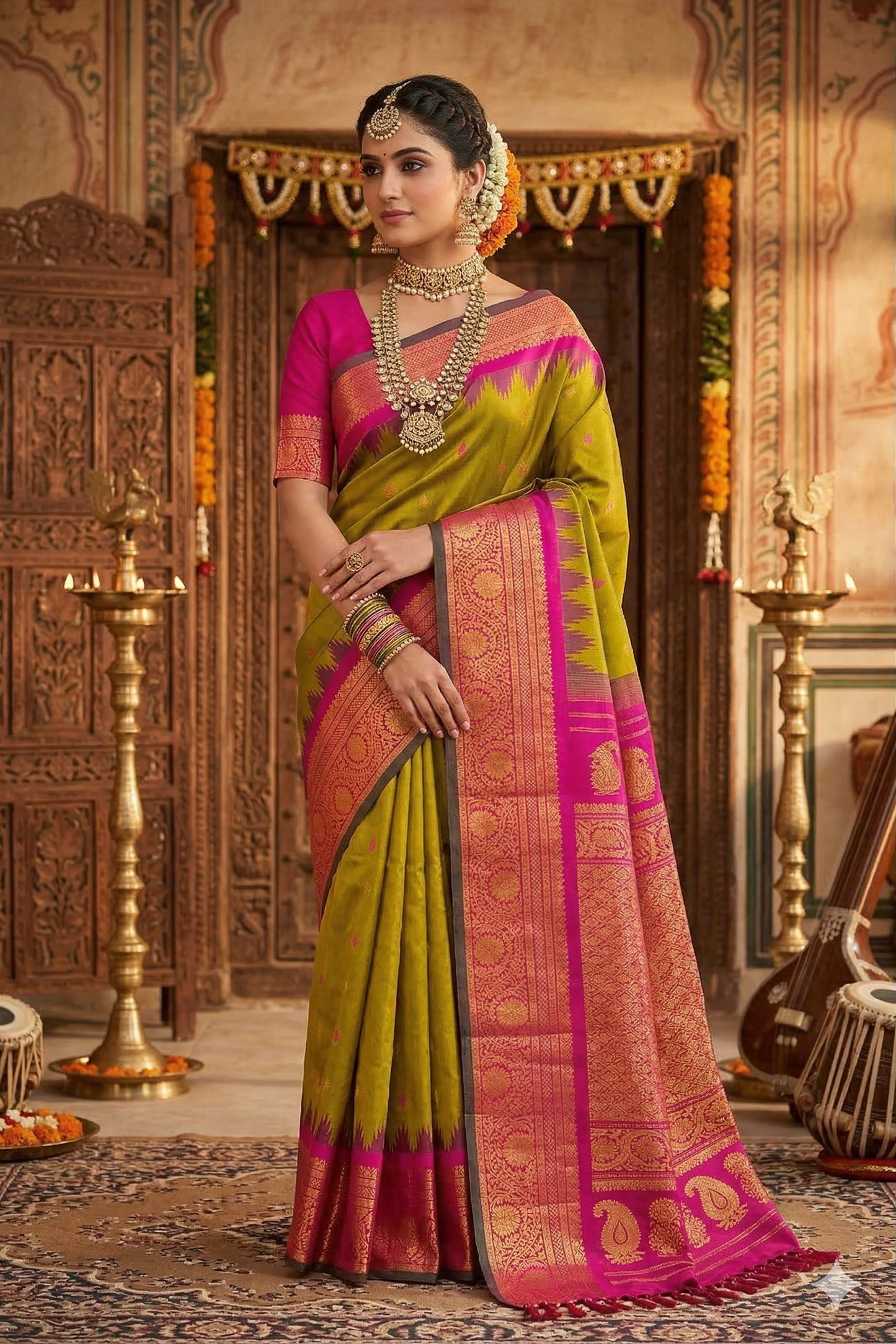 Golden lime green Gadwal silk saree with traditional border and matching unstiched blouse from Saarang Sarees.