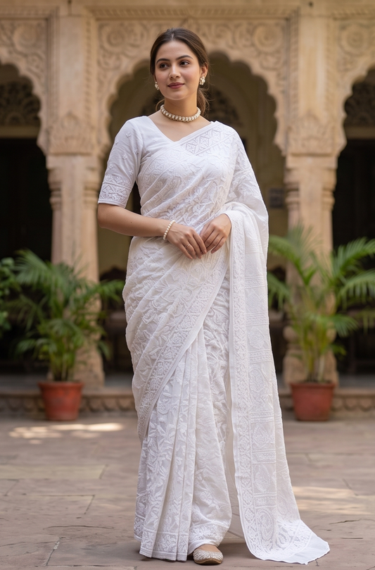 White cotton Chikankari saree with unstiched blouse, elegant party wear by Saarang Sarees, intricate embroidery detail