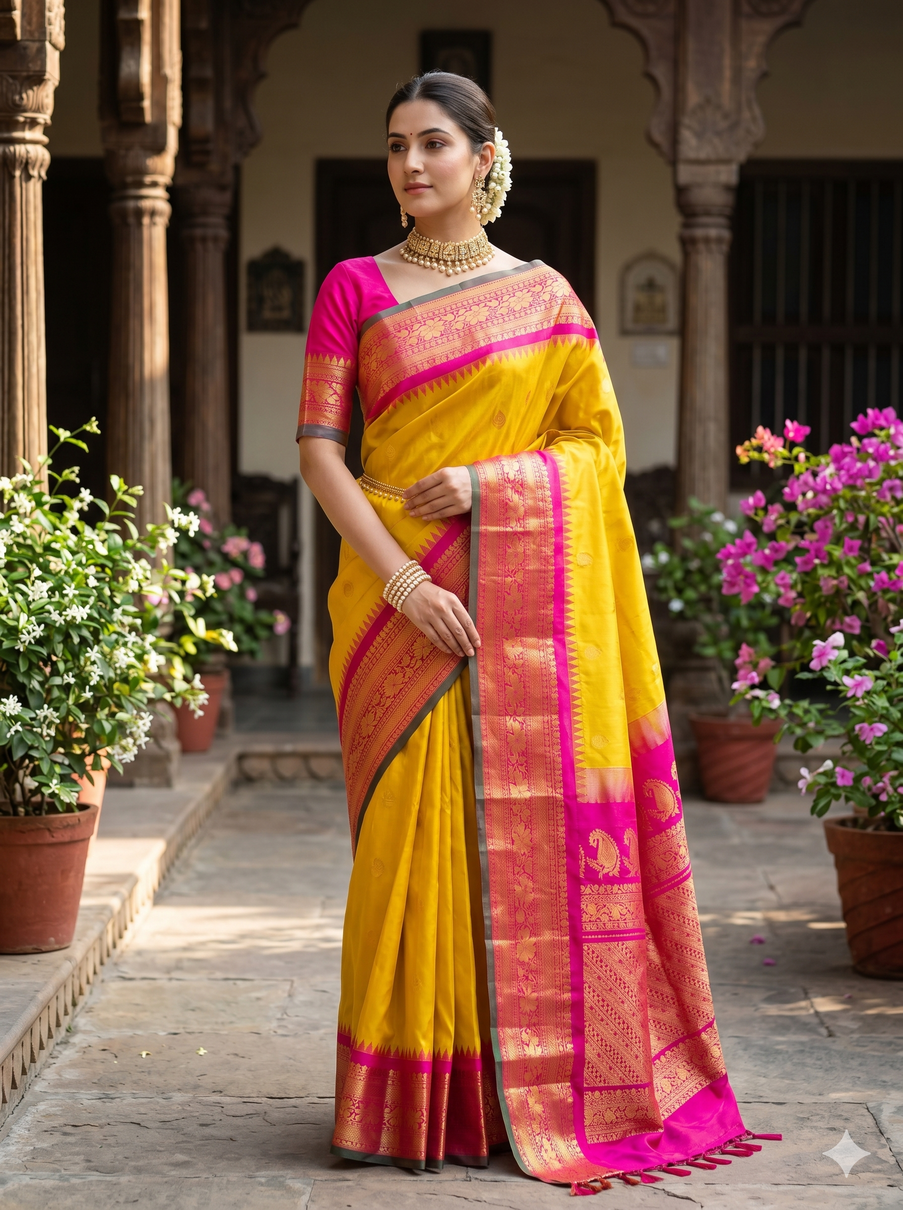 Mustard yellow Gadwal silk saree with traditional design and matching unstiched blouse from Saarang Sarees.