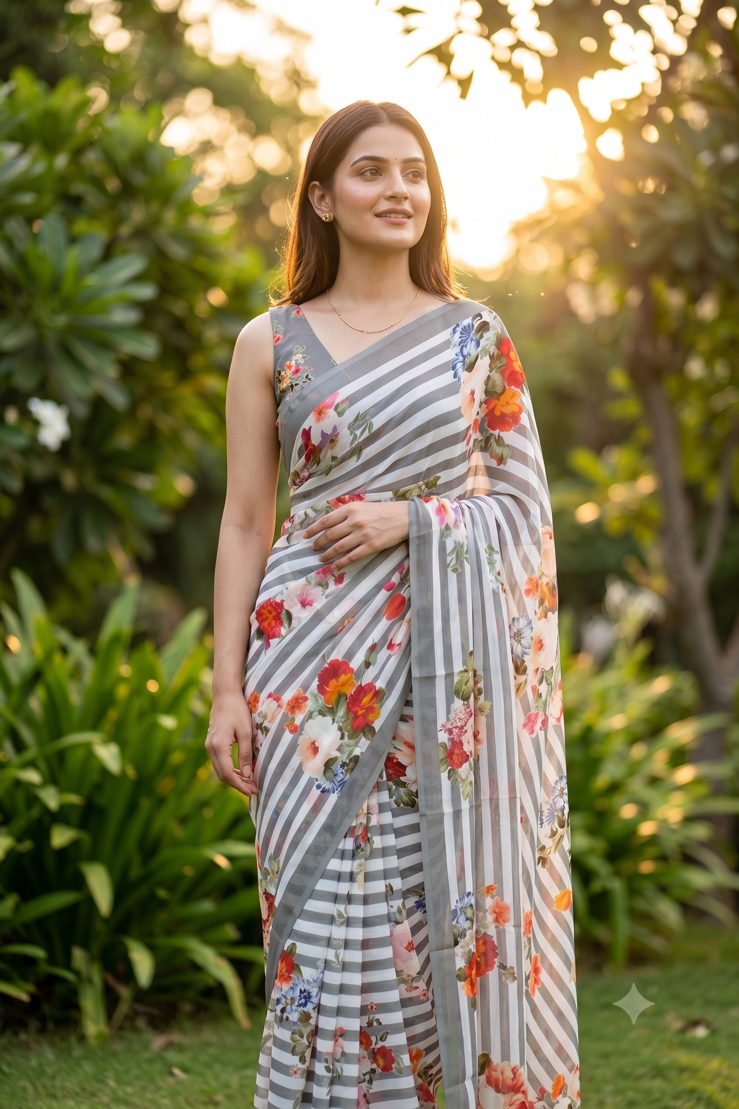 White Grey Stripe Floral Printed Chiffon Saree, With Unstiched Blouse Piece