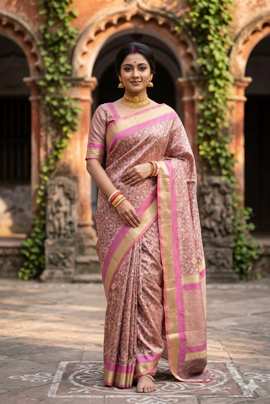 Purple Banarasi Patola Silk Saree, With Unstiched Blouse