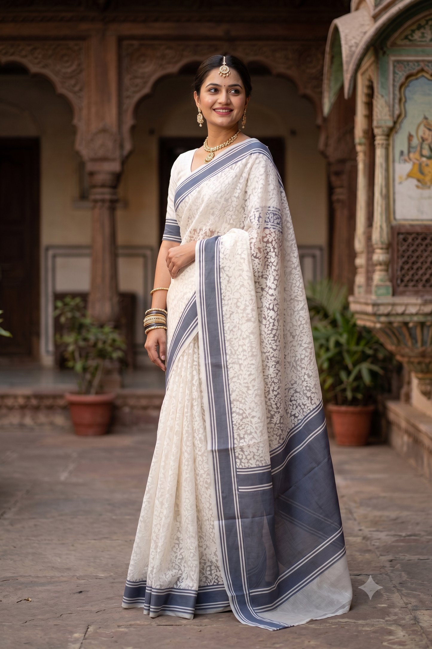 White Muslin Jamdani Saree, With Unstiched Blouse