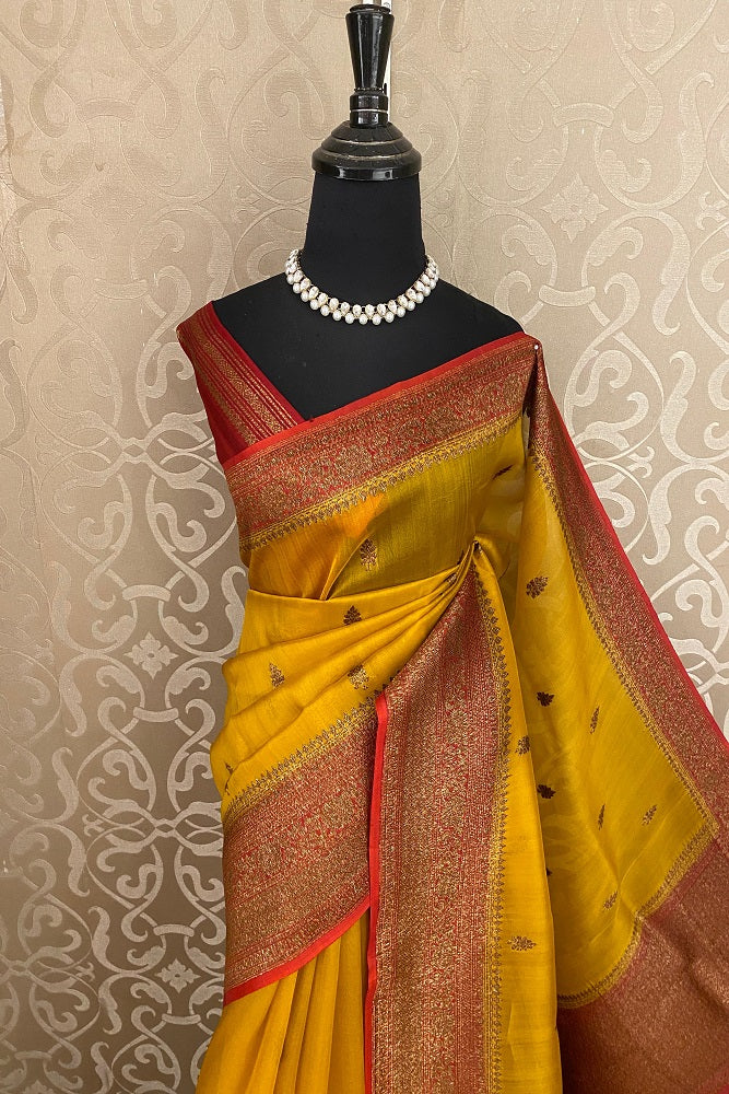Mustard Yellow Kora Banarasi Silk Saree, With Unstiched Blouse