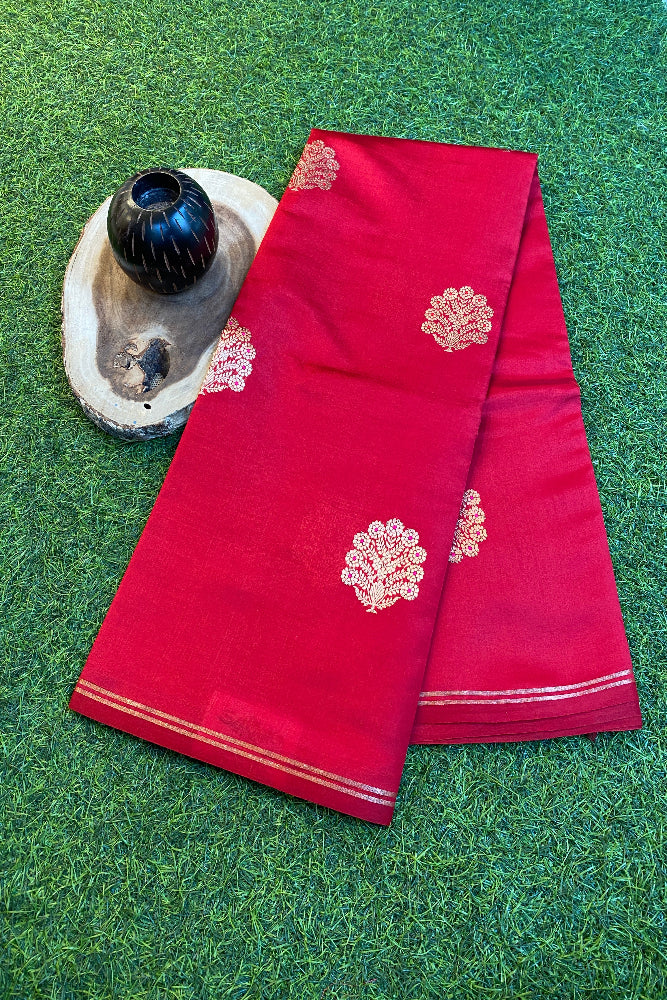 Rose Poona Silk Saree Golden Zari Woven Buttas, With Unstich Blouse