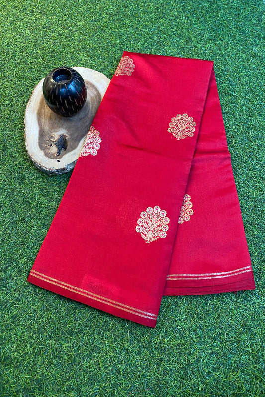 Rose Poona Silk Saree Golden Zari Woven Buttas, With Unstich Blouse