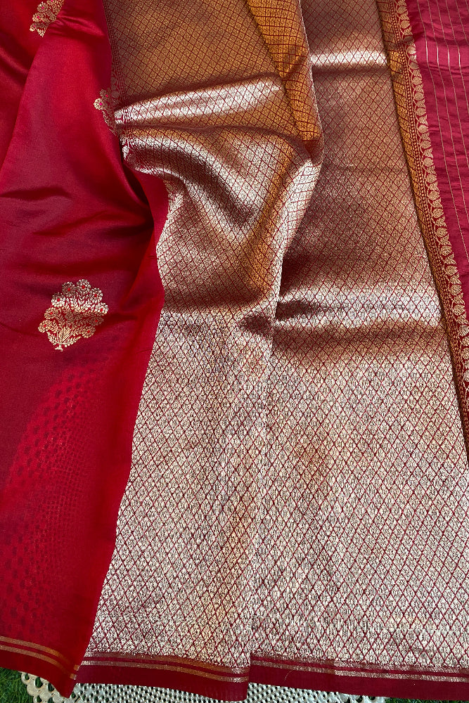 Rose Poona Silk Saree Golden Zari Woven Buttas, With Unstich Blouse