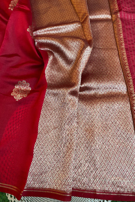 Rose Poona Silk Saree Golden Zari Woven Buttas, With Unstich Blouse