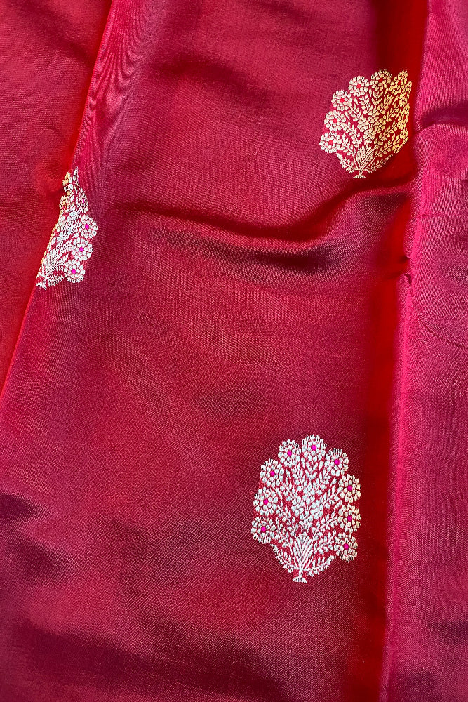 Rose Poona Silk Saree Golden Zari Woven Buttas, With Unstich Blouse