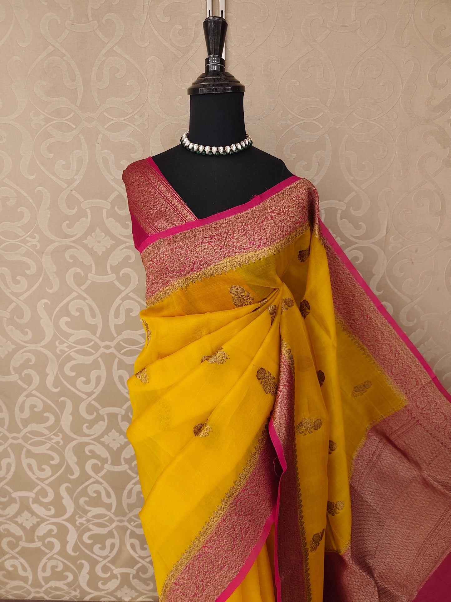 Yellow Kora Banarasi Silk Saree, With Unstiched Blouse