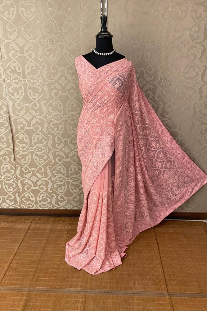 Pink Georgette Chikankari Saree, With Unstiched Blouse