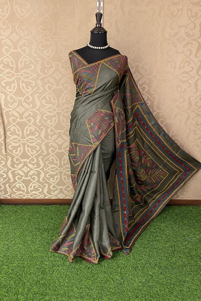 Deep Grey Tussar Embroidery Saree With Lambani Work Border, With Unstitched Blouse