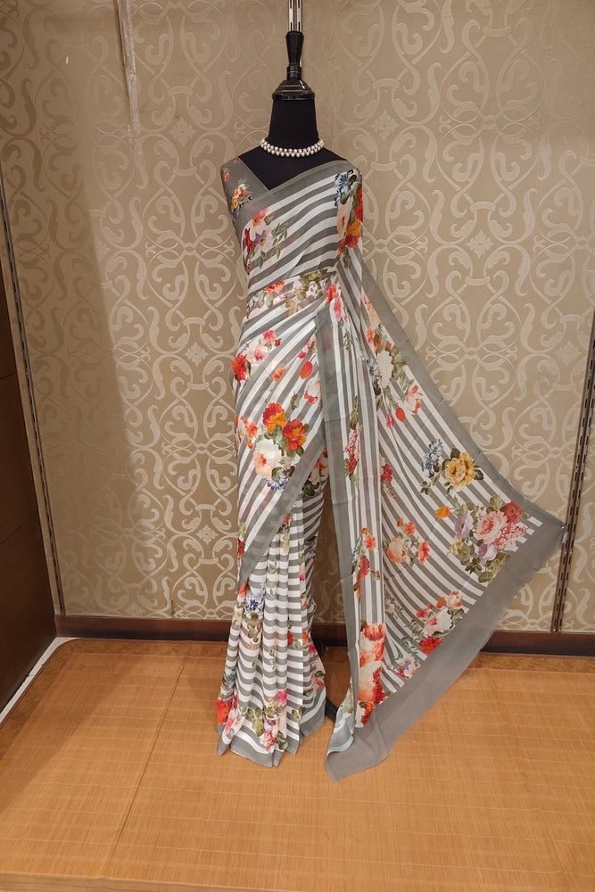 White Grey Stripe Floral Printed Chiffon Saree, With Unstiched Blouse Piece