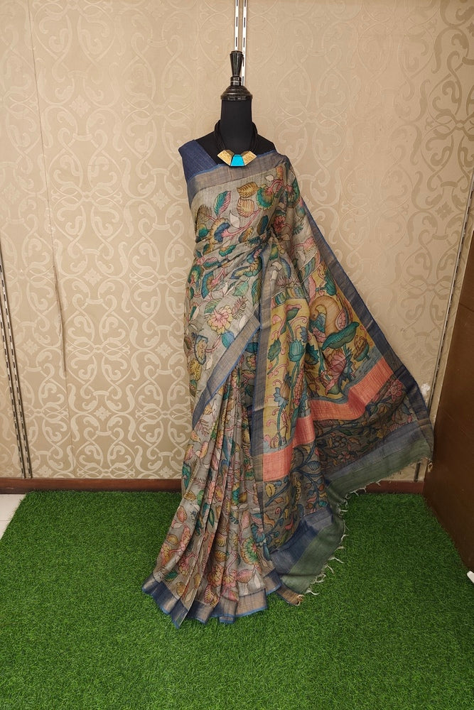 Light Grey Tussar Kalamkari Printed Work Saree, With Unstiched Blouse