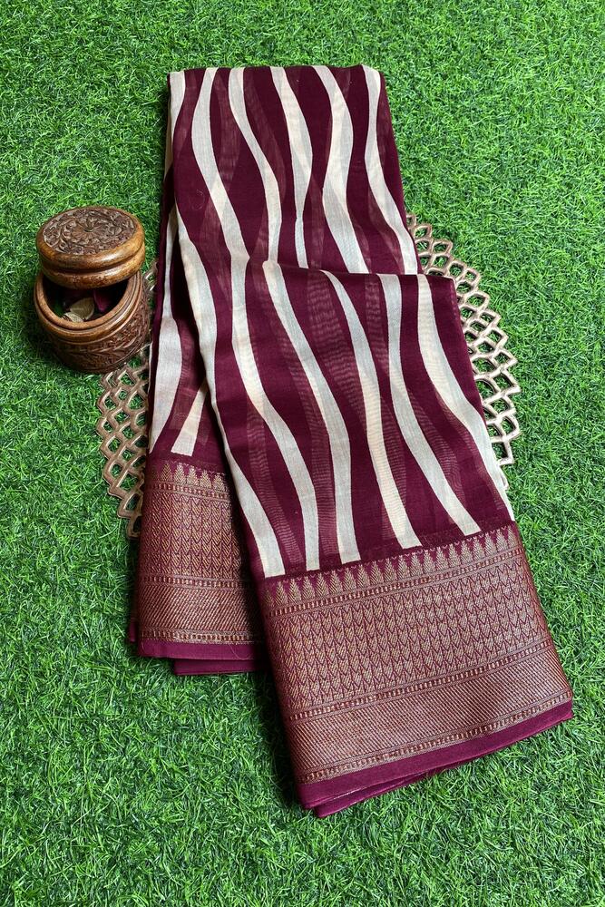 Elegant wine-colored Cotton Chanderi saree with traditional design and matching unstiched blouse from Saarang Sarees.