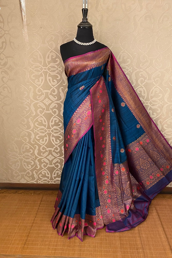Royal Blue Dupion Tussar Silk Saree, With Unstiched Blouse
