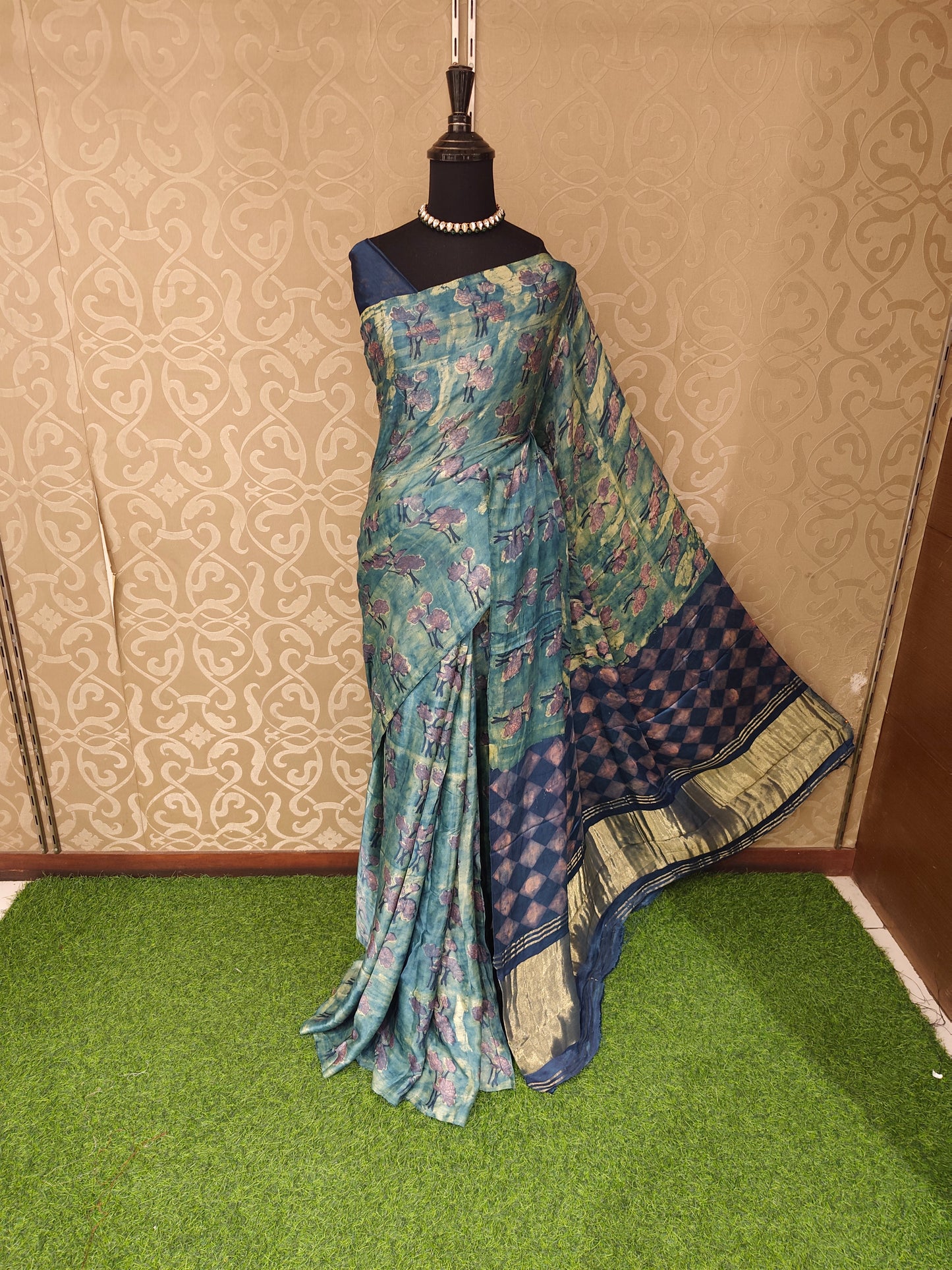 Blue & Yellow Pure Modal Silk Ajrakh Printed Saree With Unstich Blouse